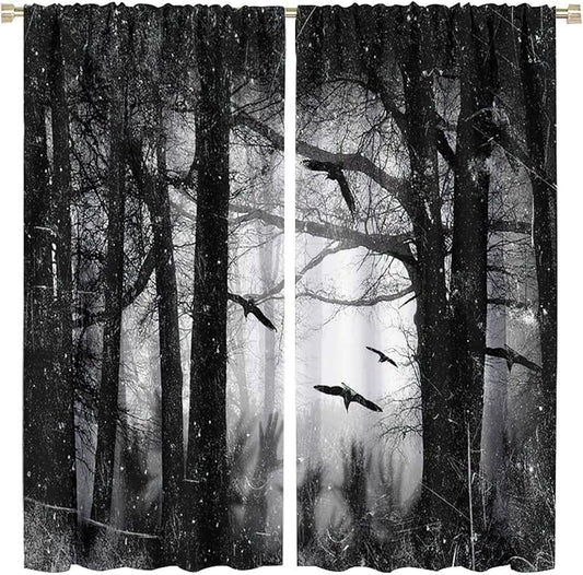 Gothic Forest Blackout Curtains, Foggy Forest Dead Trees Crow Halloween Style Black White Scary Print Window Treatments, for Bedroom Living Room 26(W)*84(L) 2 Panels