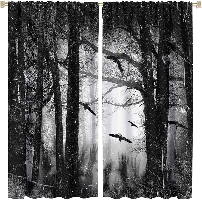 Gothic Forest Blackout Curtains, Foggy Forest Dead Trees Crow Halloween Style Black White Scary Print Window Treatments, for Bedroom Living Room 36(W)*63(L) 2 Panels