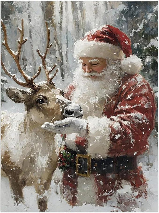 Santa With Reindeer Wall Art Print,Vintage Christmas Farmhouse Prints,Rustic Winter Holiday Decor