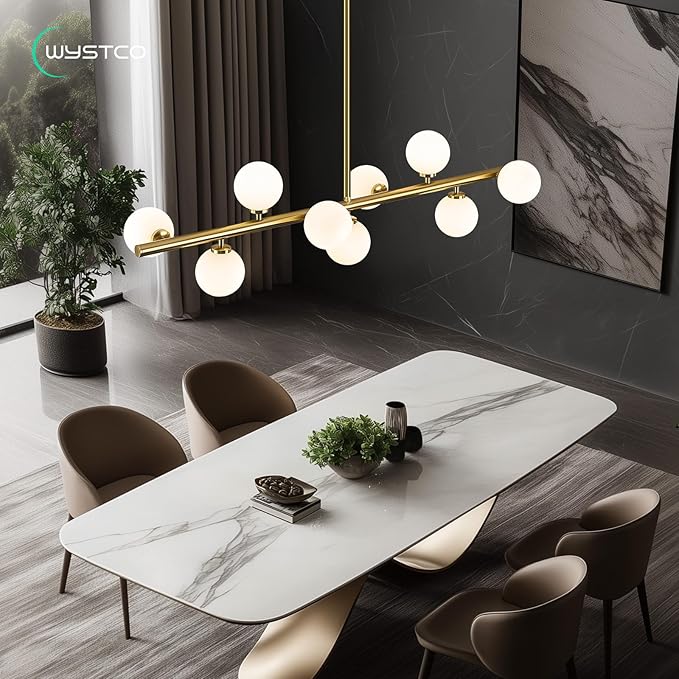 Mid Century Modern Globe Sputnik Chandelier, 9-Light Linear Chandeliers for Dining Room and Kitchen Island, Dining Light Fixture Over Table, Brass Gold and Milk White Glass Bubble, 40 Inch