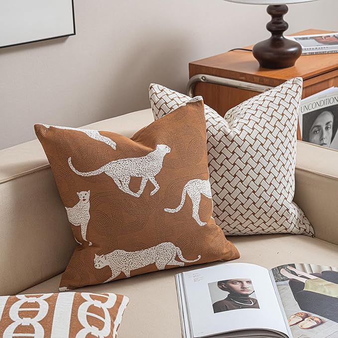 2025 New 20x20'' inches Throw Pillow Cushion Covers - Woven Grid Orange Color Chenille Jacquard Embroidery Luxury Modern Style Couch Sofa Bed Pillow Cover for Living Room Bedroom