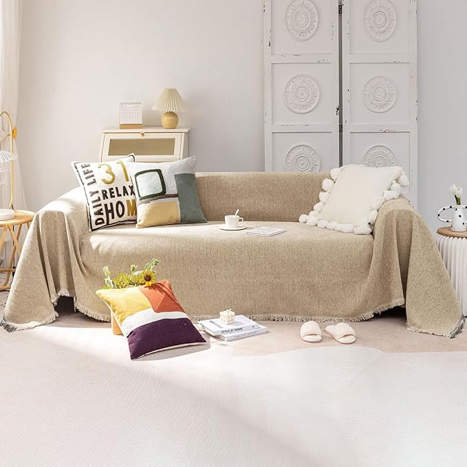 VClife Beige Couch Cover for Sofa 1 Piece Modern Minimalism Couch Cover for 3 Cushion Couch Sofa Slipcover Washable Soft Chenille Sofa Covers Furniture Protector for Bedroom Living Room 71''x134''