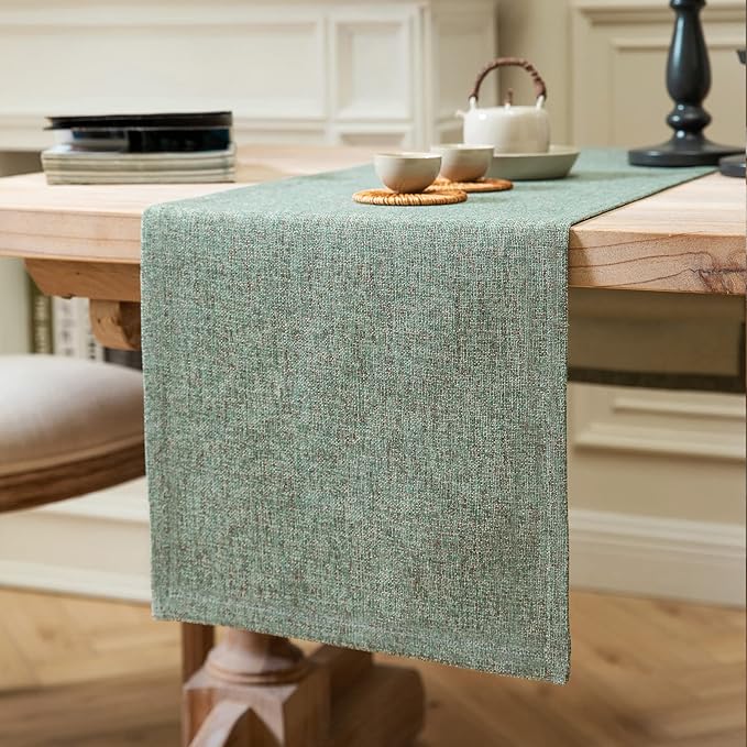ZeeMart Burlap Style Farmhouse Table Runners 48 Inches Long, Green Rustic Woven Dining Table Runner for Everyday Use, 14x48 Inches, Mineral Green