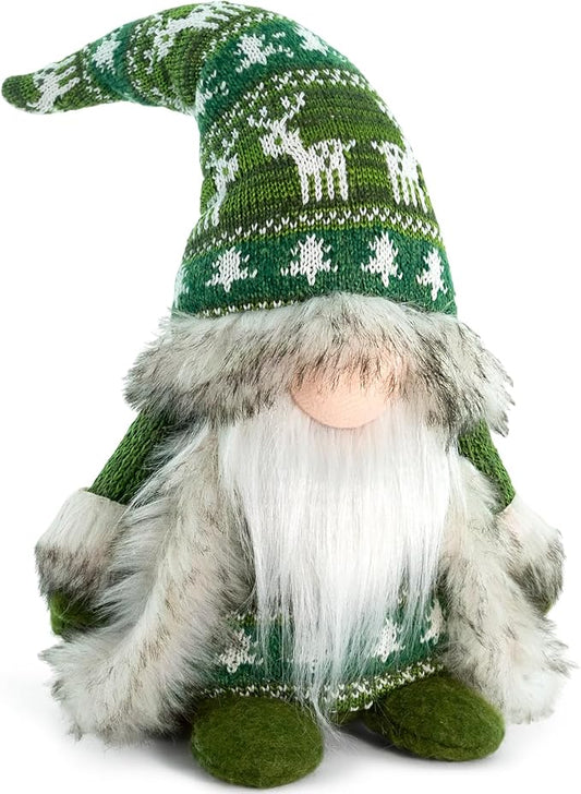 Gnome Christmas Decorations - Plush Nordic Figurine with Green Reindeer Knit Hat & Faux Fur Cloak, Rustic Tabletop Holiday Gnome Decor for Mantel, Shelf, or Gift Idea