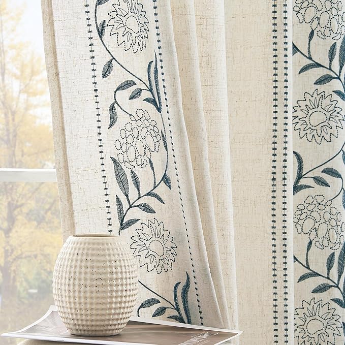 jinchan Winslow Linen Curtains for Bedroom 90 Inches Length Embroidered Bordered Floral Curtains for Living Room Farmhouse Decor Light Filtering Window Treatments Blue on Beige Drapes 2 Panels
