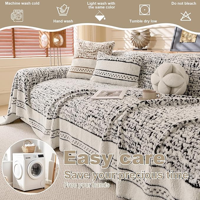 ROOMLIFE Thicked Striped Boho Black Couch Cover for 2-3 Cushion Sofa, Fuzzy Plush Warm Sofa Slipcovers Sectional Sofas Covers, Non Slip Washable Furniture Protector Soft with Tassel,Winter 71''X134”