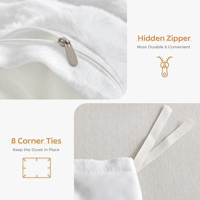 Tokokimo Fluffy Fleece Queen Size Duvet Cover Set, Ultra Soft Reversible Heavyweight Bedding Set, Extra Warm Winter Duvet Cover Set with 2 Pillow Cases, All Season Fuzzy Comforter Cover Set, White