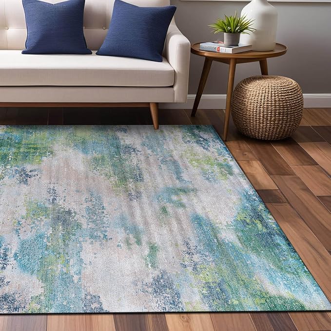 Non Slip Rugs 5x7 Modern Abstract Easy Silk Rubber Backing Soft Area Rug for Living Room Easy to Clean Non Shedding Kitchen for Bedroom Indoor Carpet (Teal - Green, 5x7)