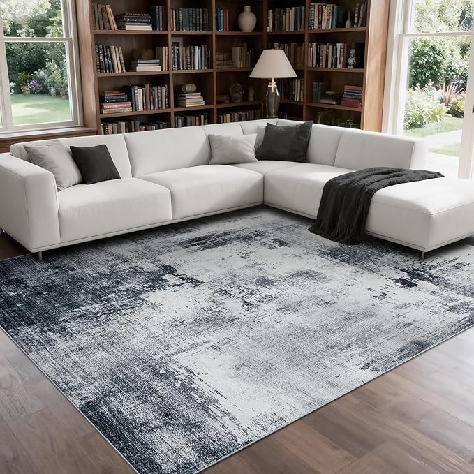 9x12 Washable Area Rug for Living Room Rug,Abstract Large Rugs for Bedroom Dining Room Farmhouse Nursery Home Office，Low Pile Stain & Slip Resistant Carpet -Abstract Blue Gray