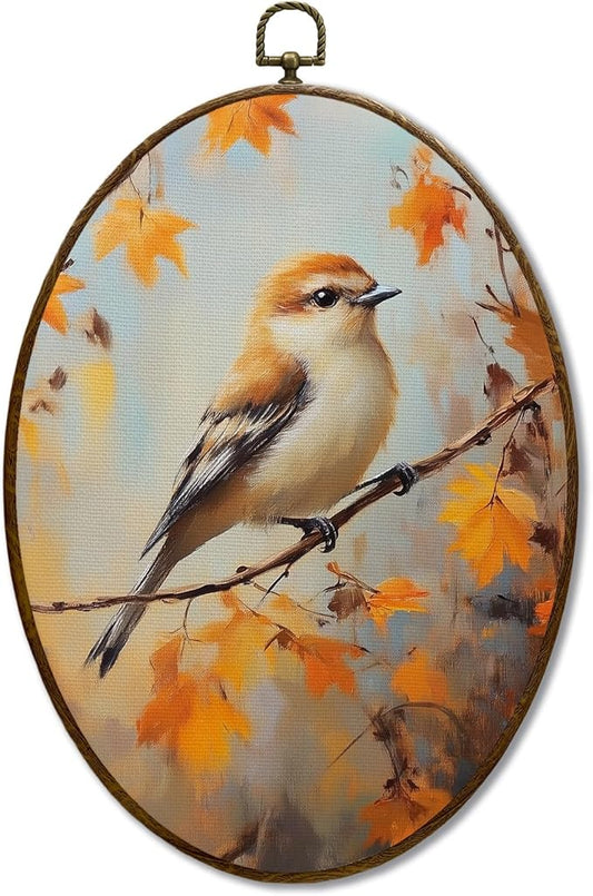 JQF Vintage Fall Bird Oval Wall Art, Farmhouse Autumn Birding Oval Canvas Wall Art, Rustic Fall Bird Framed Prints Hanging Decor for Home Bedroom Living Room, 8.5x11.5 Inch