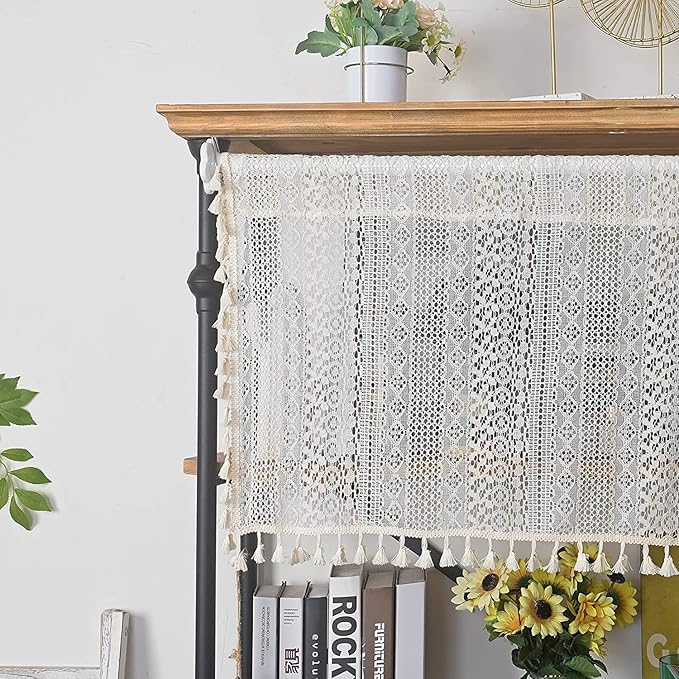 Sutuo Home Beige Boho Lace Short Curtain for Kitchen Window Curtains Over Sink,Vintage Chic Valance Crochet Bohemian Semi Sheer Farmhouse Rustic Handmade Tassels,Rod Pocket,1 Panel 59" W x 18" L
