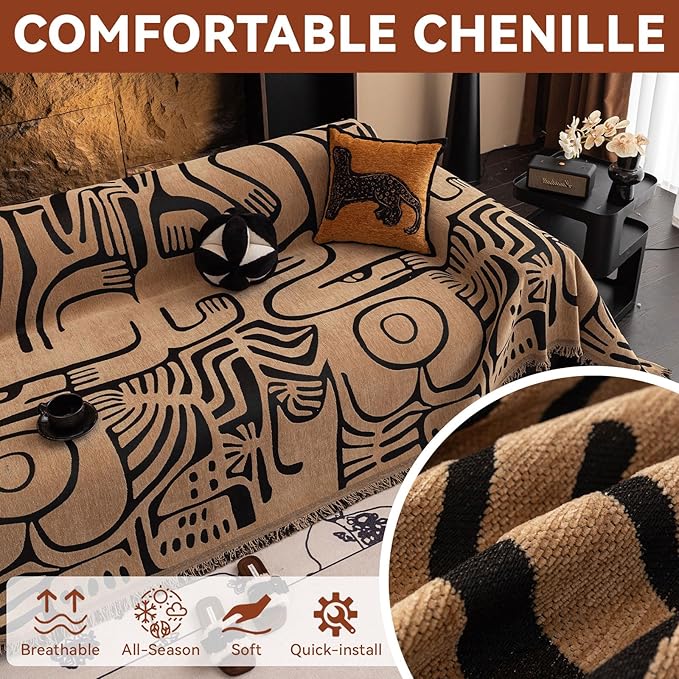 VClife Soft Thick Chenille Couch Cover 1 PC Washable Couch Cover for 2 Cushion Couch Sofa Modern Brown Black Jacquard Sectional Sofa Cover 71"x118"