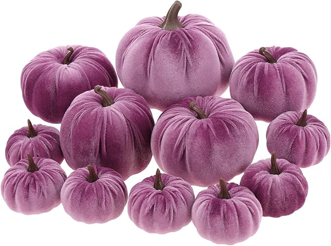 12Pcs Thanksgiving Velvet Fake Pumpkins Artificial Halloween Handmade Fall Harvest Centerpiece Decoration for Home Kitchen Farmhouse Purple