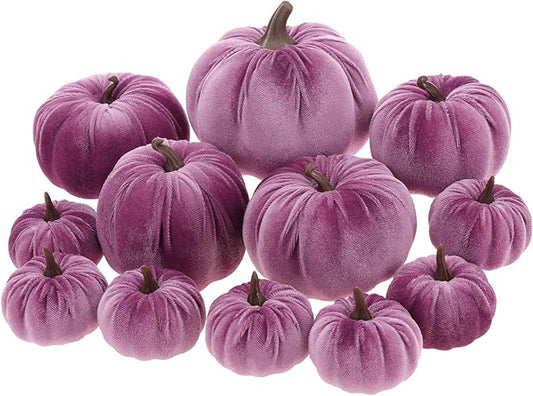 12Pcs Thanksgiving Velvet Fake Pumpkins Artificial Halloween Handmade Fall Harvest Centerpiece Decoration for Home Kitchen Farmhouse Purple
