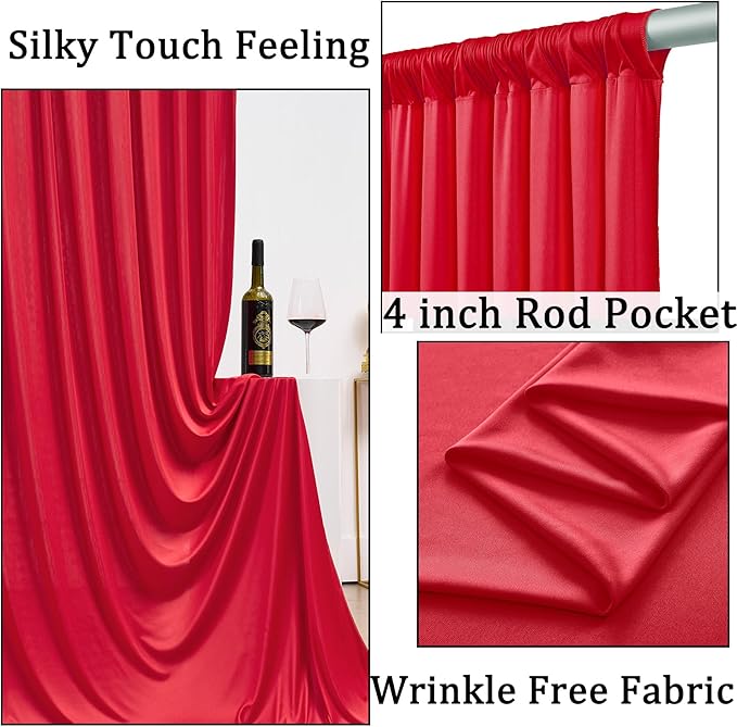 50ft x 10ft Wrinkle Free Red Backdrop Curtains for Parties, 10 Panels 5x10ft Silky Polyester Photo Backdrop Drapes for Christmas Weddings Birthday Party Photography Background Decor