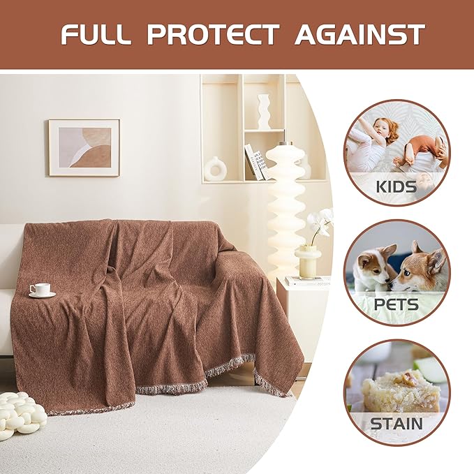 MEETSKY Couch Cover for Sofa Large with Tassel Edge, Modern Couch Covers for Dogs Washable Sofa Slipcover for Cats Pet Universal Sofa Throw Cover, 71"x150", Reddish Chocolate