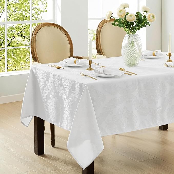 Newbridge Barcelona Luxury Damask Fabric Tablecloth, 100% Polyester, No Iron, Soil Resistant Holiday Tablecloths and Napkins, 60 x 102 inch Rectangle, White