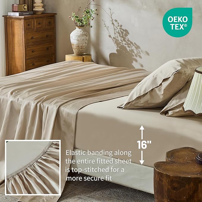 MEISHANG 1000 Thread Count Cotton Sheets Queen Size - 100% Egyptian Cotton, Sateen Weave, Soft & Breathable, Oeko-Tex Certified, 16" Deep Pockets - 4 Piece (Queen, Linen)