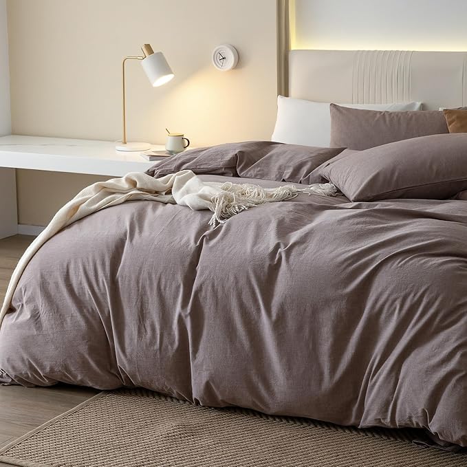 JIYUAN 100% Washed Cotton Duvet Cover Set 3 PCS Oversized King Plus, 1 Duvet Cover 128"x120"(Comforter Not Included) and 2 Pillowcases,Linen Feel Bedding Set Comfy and Breathable,Heathered Mauve Brown