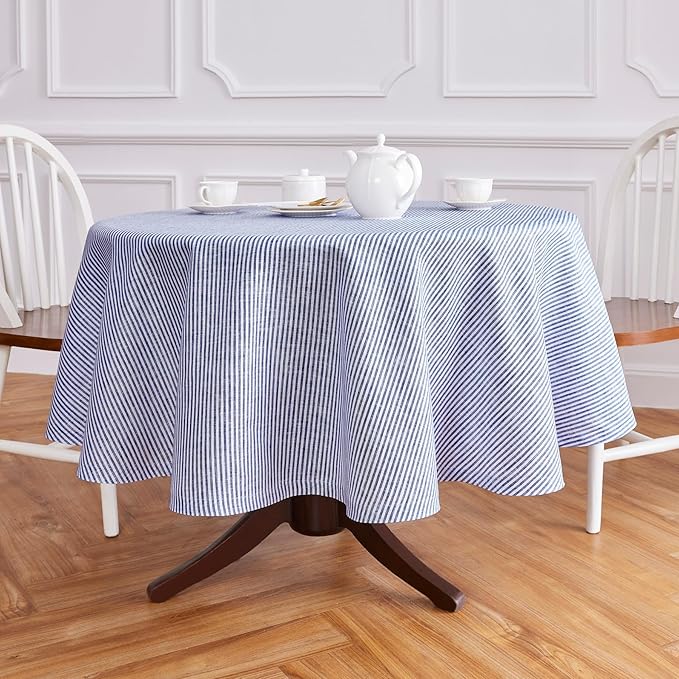 Solino Home Linen 60 Inch Round Tablecloth - Narrow Stripe, 100% Pure Linen Navy and White Round Tablecloth - Machine Washable Table Cloth for Fall, Autumn, Thanksgiving, Christmas, Winter