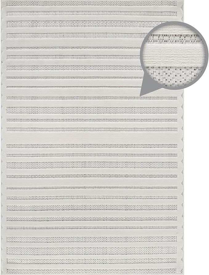 CAMILSON Modern Rug 9x12 Luxury Striped Line Large Micro Loop Area Rugs Soft High-Low Pile Stain Resistant Easy to Clean Non-Shedding Durable Living Room Office Indoor Carpet (White)