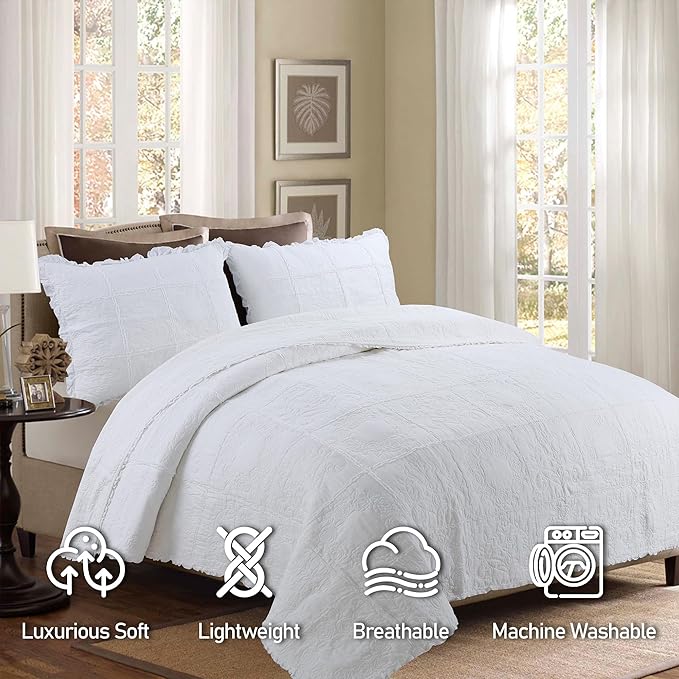 DURLENGEN White Rose Patchwork 100% Cotton Queen Quilt 3Pcs,White Patchwork with Rose Pattern,Luxury Lightweight Cotton Coverlet Sets for All Season(Queen 90x96,White Rose Patchwork)