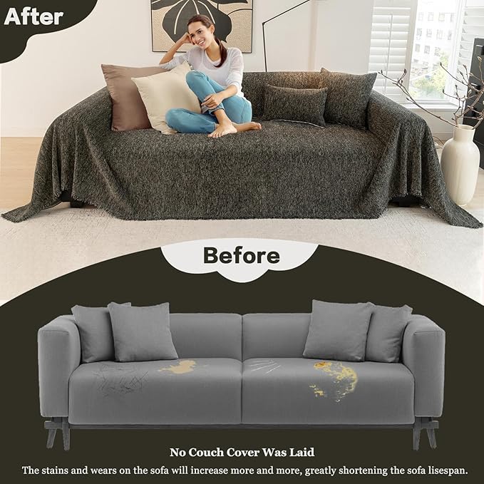 DREAMINGO Thickened Chenille Couch Cover 71x118 Inch Washable 2-Seater Sofa Covers Living Room Sectional Couch Slipcovers Modern Furniture Protector with Tassel, Black Grey