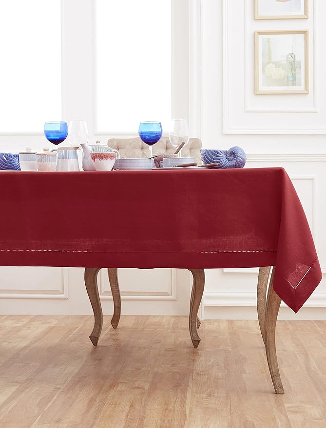 Solino Home Linen Tablecloth 60 x 120 Inch - Classic Hemstitch 100% Pure Linen Red Table Cloth for Rectangle Tables - Machine Washable Tablecloth for Christmas, Winter
