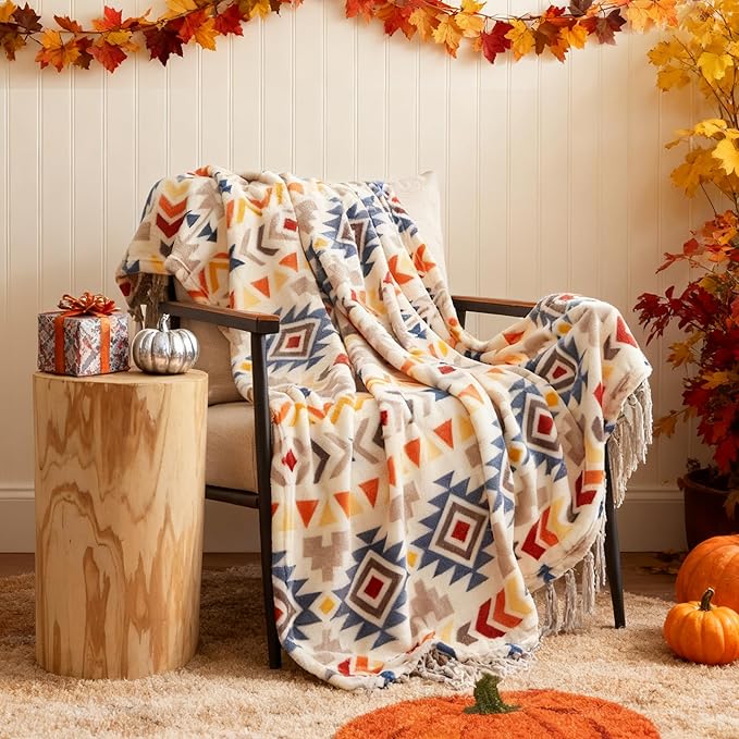 CASAAGUSTO Boho Throw Blanket - Colorful Decorative Blankets with Tassel, Printed Flannel Bohemian Blanket for Chair, Bed, Sofa, Couch(60 * 80, Colorful)