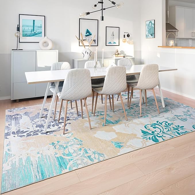 Keeko 8x10 Area Rugs for living Room, Modern Abstract Floral Pattern Rugs for Bedroom, Soft Washable Rug with Non-Slip Backing Low-Pile Non-Shedding Carpet for Kitchen Home Office Dining Table - Beige
