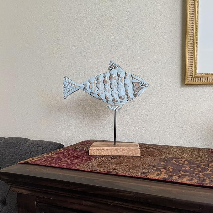 Wooden Fish Sculpture Home Decor | Handmade Surgeon Fish Statue on Stand | Sea Nautical Beach House Decor Art Piece | Rustic Centerpiece Table Decor for Office, Living Room (Surgeon Fish)