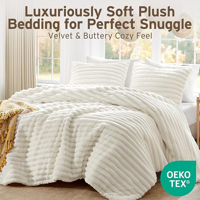 Intelligent Design Queen Comforter Set, Plush Bedding, Microfiber Reverse, 3 Piece, Lightweight, Super Soft Ribbed Velvet Comforter 2 Shams, All Season Fluffy Bed Set, Avril, Full/Queen Ivory