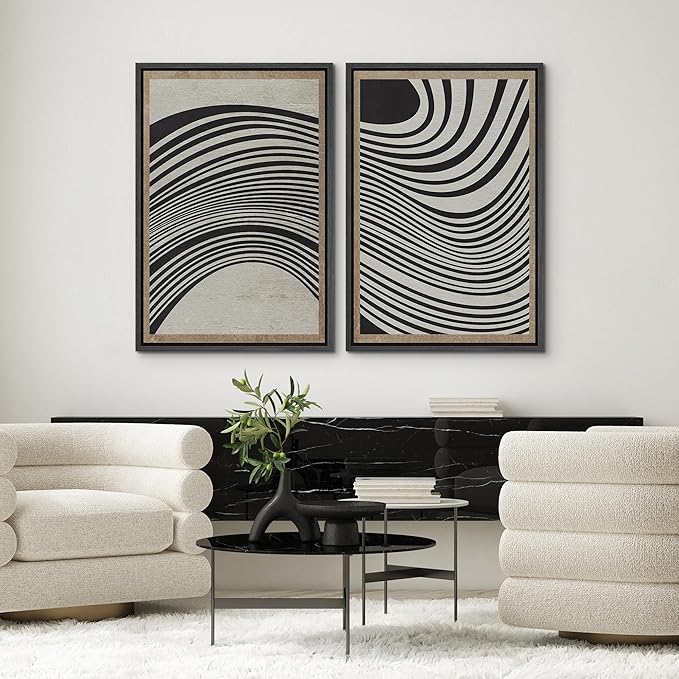 SIGNWIN Framed Canvas Print Wall Art Set Mid-Century Spiral Wave Collage Abstract Shapes Cozy Neutral Minimal Decorative Nordic Zen Bohemian for Living Room, Bedroom, Office - 16"x24"x2 Black