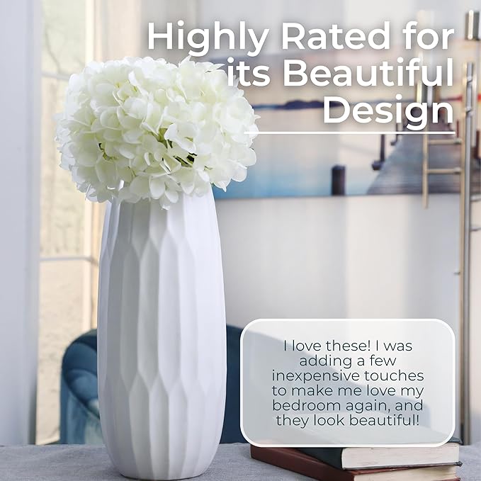 Oblong Decorative Vase with Textured Finish – Ceramic Decorative Vases for Home Decor – Modern Centerpiece Flower Vases for Living Room, Bedroom & Office – 14", White