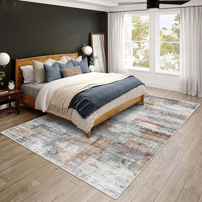 vivorug 5x7 Area Rugs - Ultra-Thin Washable Rug with Non-Slip Backing, Ideal for Living Room, Bedroom, Kitchen Floor Carpet - Modern Abstract, Easy Clean, Durable, Low Pile Gray/Rust