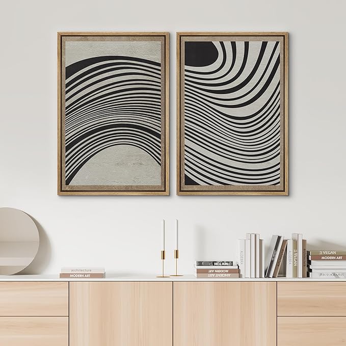 SIGNWIN Framed Canvas Print Wall Art Set Mid-Century Spiral Wave Collage Abstract Shapes Cozy Neutral Minimal Decorative Nordic Zen Bohemian for Living Room, Bedroom, Office - 24"x36"x2 Natural