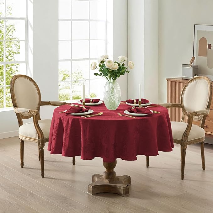Newbridge Barcelona Damask Fabric Tablecloth, 70 Inch Round, Burgundy – No Iron, Soil Resistant Table Cover for Dining, Parties and Holidays