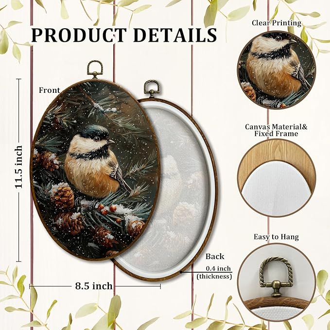 JQF Vintage Winter Chickadees Oval Wall Decor, Christmas Bird Chickadees Oval Canvas Wall Art, Rustic Christmas Pine Cones Framed Prints Hanging Decor for Home Living Room Bedroom, 8.5x11.5 Inch