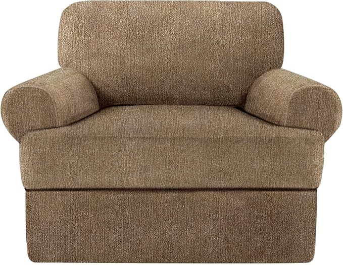 2 Pieces T Cushion Chair Covers with Arms Super Stretch Chair Slipcover for Living Room Pet Dog Universal Slip Cover Anti Slip Armchair Furniture Protector (Brown, 1 Cushion)