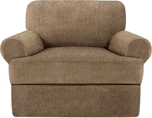 2 Pieces T Cushion Chair Covers with Arms Super Stretch Chair Slipcover for Living Room Pet Dog Universal Slip Cover Anti Slip Armchair Furniture Protector (Brown, 1 Cushion)