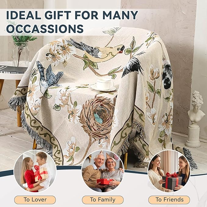 VClife Boho Beige Jacquard Couch Cover Modern Floral Bird Cotton Linen Slipcover for 3-4 Cushion Couch Sofa, 1 PC Retro Vintage Flowers Furniture Protector Futon L Shape Sofa Cover for Sectional Sofa