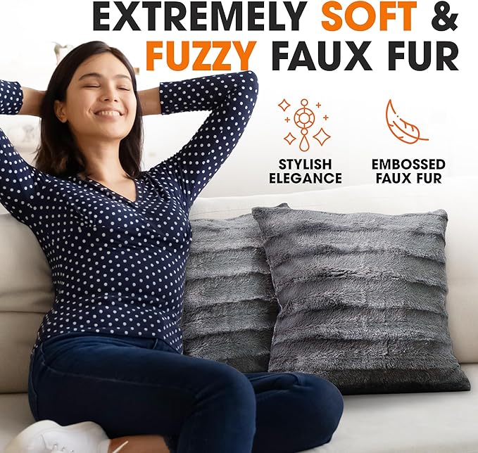 Cheer Collection Faux Fur Throw Pillows - Decorative Pillows for Couch, Bed Throw Pillows, Grey Accent Pillows for Bedroom or Living Room Aesthetic, Set of 2 Furry Throw Pillows, 24" x 24"