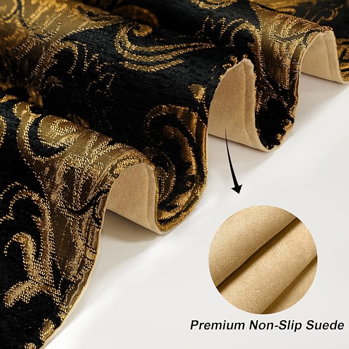Loom and Mill Luxury Chenille Table Runner 108 Inches Long, Black Damask Jacquard Table Runners with Multi-Tassels for Halloween Dining Room Dresser Party Holiday Banquet Decorations(Black,13*108inch)