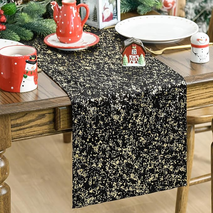 Artoid Mode Black Dutch Fleece Table Runner, Glitter Metallic Foil Holiday Kitchen Dining Table Decoration for Home Party Decor 13x108 Inch