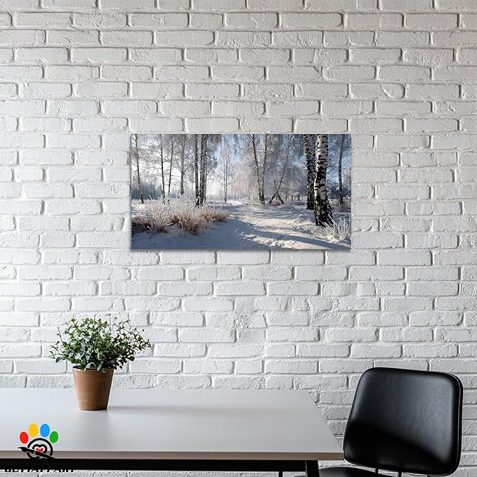 GUTTATY Christmas Winter Scene Canvas Wall Art, Snowy Forest Birch Tree Canvas Prints, Serene Blue White Painting, Peaceful Landscape Poster Picture for Living Room Bedroom Office, 24x12 Inch