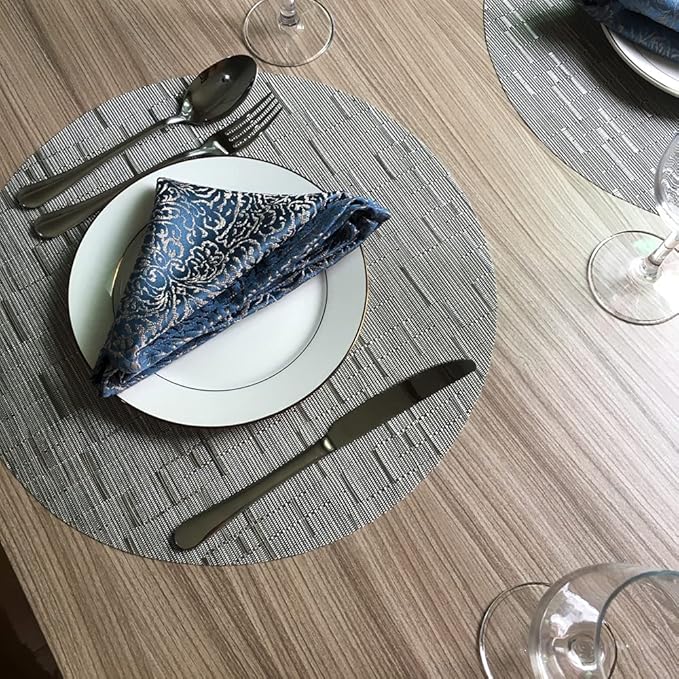 WAZAIGUR Round Placemats Set of 4 Woven Vinyl Easy to Clean Heat Resistant Kitchen Table Mats 15 Inch(Silver Grey 4)