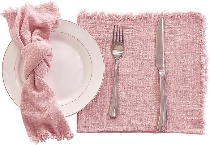 BALCONY & FALCON Cloth Napkins 100% Cotton with Fringed Handmade Square Rustic Style Washable Napkins 6 Pack Pink 20 x 20 inches for Easter Thanksgiving Christmas Weddings Parties Banquets