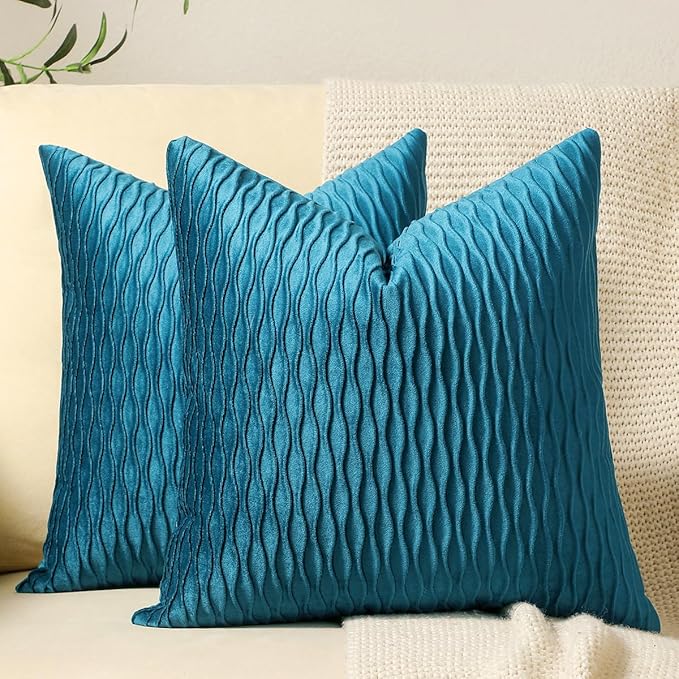 Turquoise Throw Pillow Cases 18x18: 2 Pack Inch Original Striped Velvet Square Decorative Pillow Covers for Farmhouse Couch