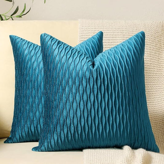 Turquoise Throw Pillow Cases 16x16: 2 Pack Inch Original Striped Velvet Square Decorative Pillow Covers for Farmhouse Couch