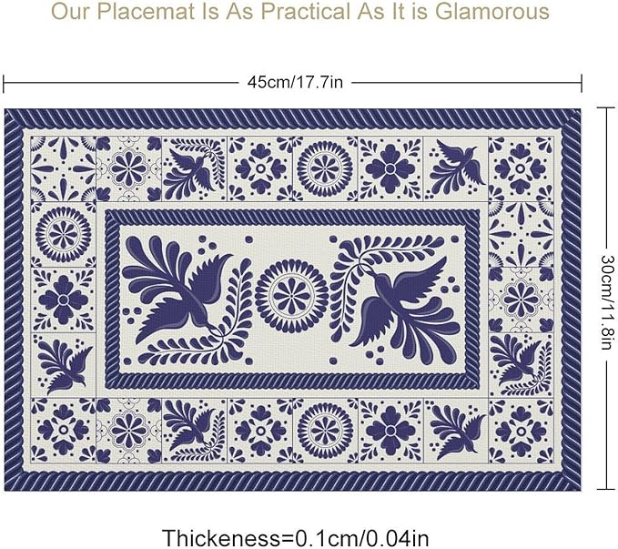 Mexican Placemat Set of 4, 12x18 Inch Rustic Floral Birds Blue Talavera Ceramic Mexico Tiles Dia De Los Muertos Coffee Vintage Table Mats for Outdoor Kitchen Dining Table Decoration